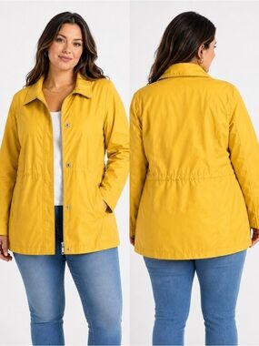 Lands’ End Yellow Rain Jacket Large Petite LP Lightweight Zip Snap Coat